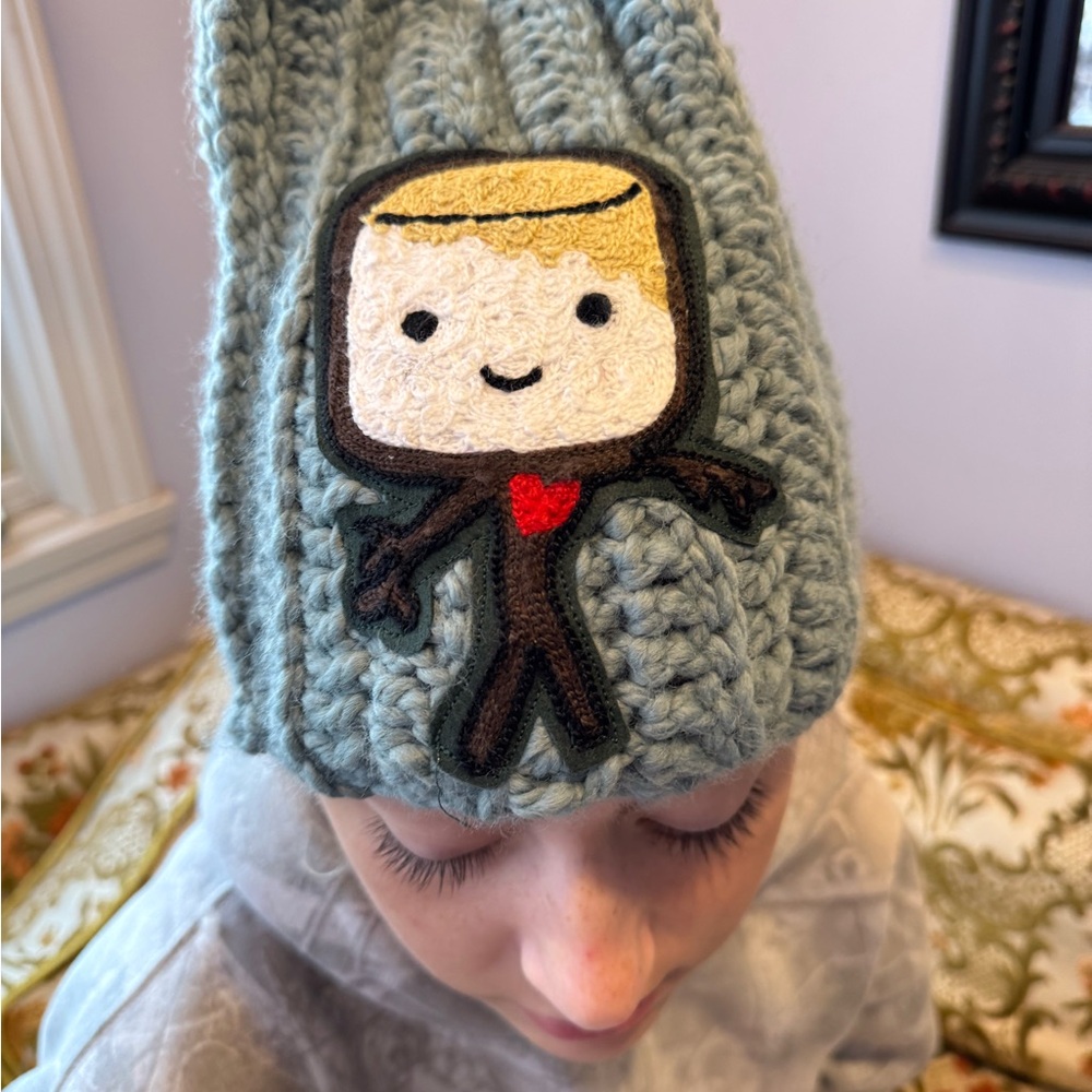 Hand Crochet beanie with oversize Marshmallow Man Patch